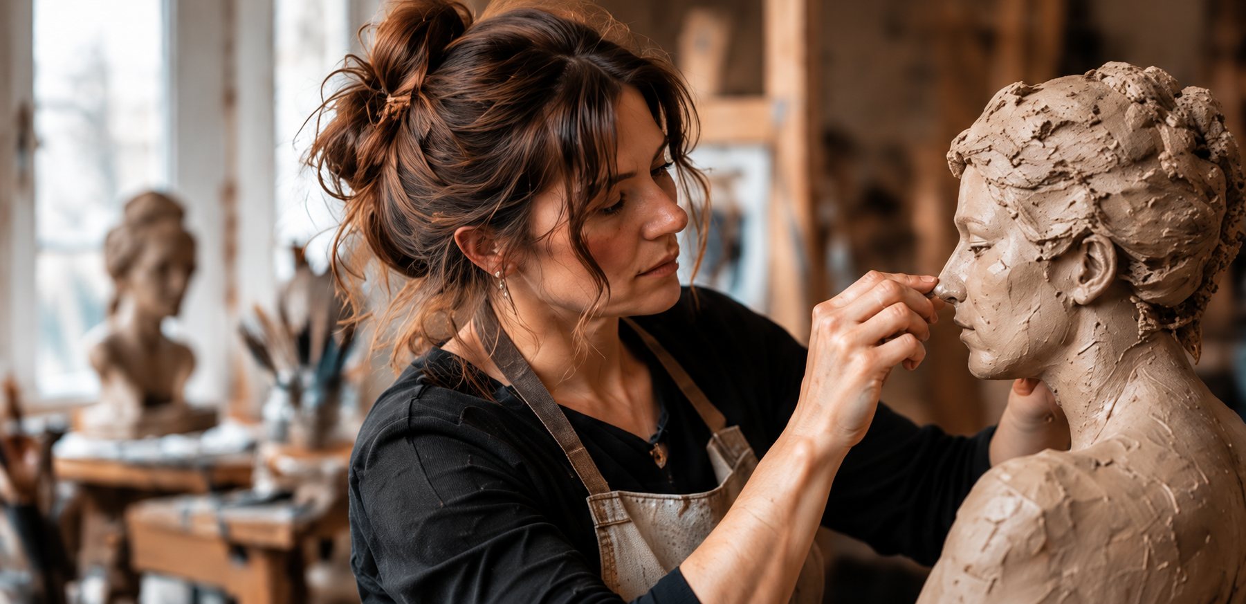 Marianne Spitz werkt in haar atelier aan een kleibeeld van een vrouwengezicht
