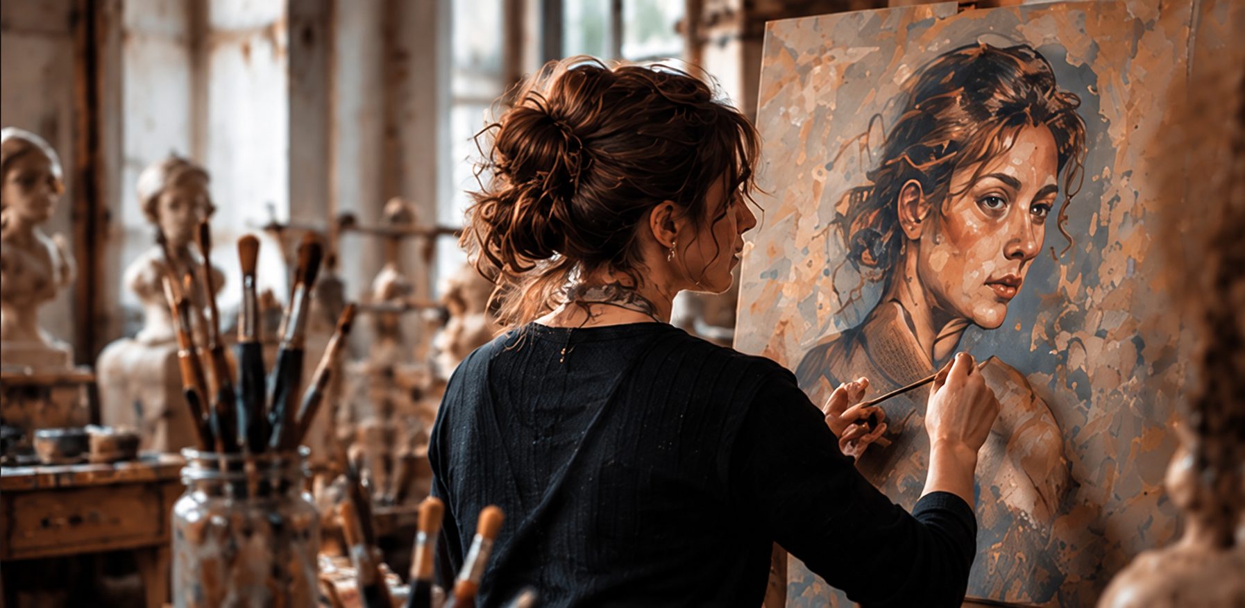 Marianne Spitz schildert een portret van een vrouw in haar atelier